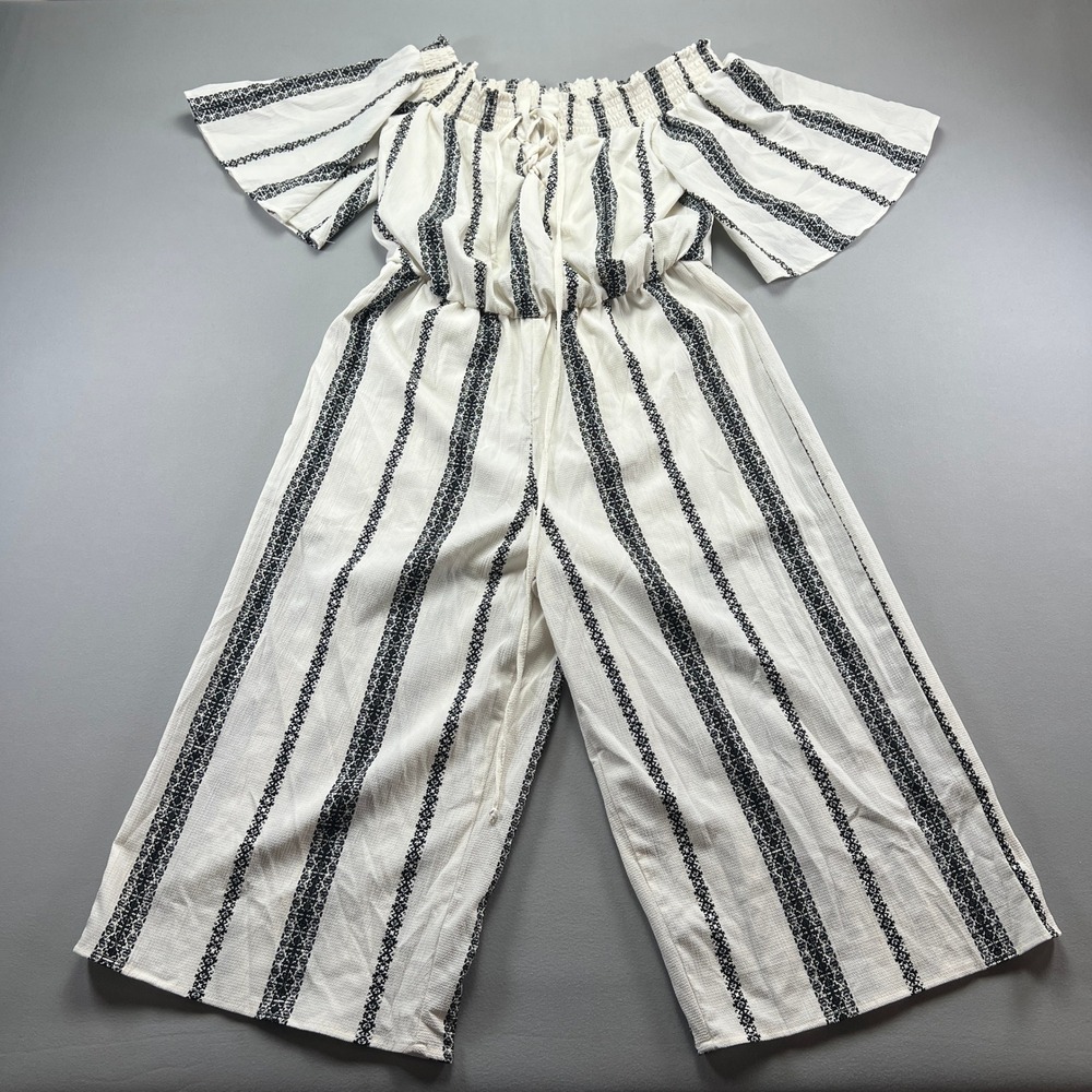 Bailey Blue Off The Shoulder Jumpsuit Womens L White Black Striped Wide Leg Boho